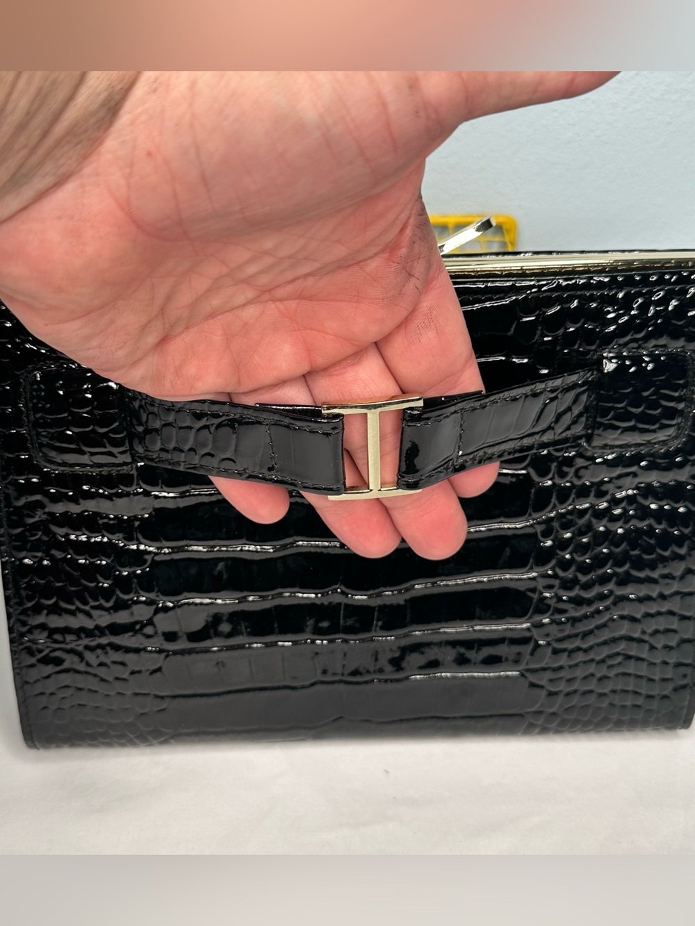 Abas Black Croc-Embossed Patent Frame Clutch - Elegant Evening Bag